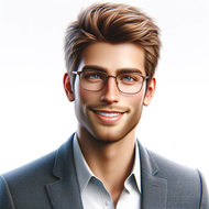 DALL·E 2024-04-03 15.54.01 - realistic portrait of a young, charismatic, and happy man with blond to brown hair and blue-gray eyes, wearing glasses. He's dressed in a casual, mode(1)